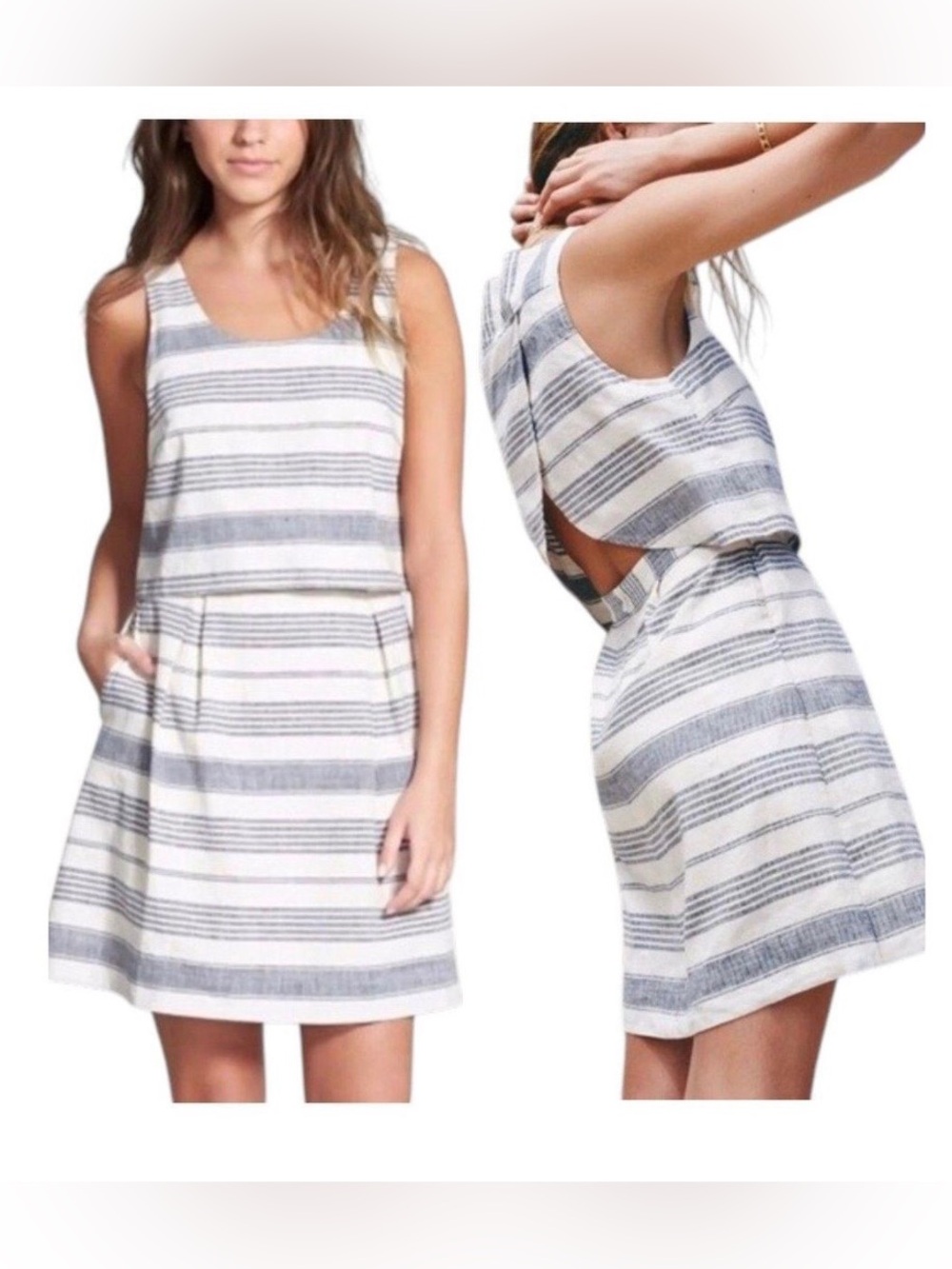 Madewell blue & white striped linen blend chic peekaboo back dress - size 2